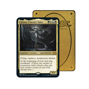 Level up your game with our custom-printed metal orica cards, featuring exclusive Atraxa, Praetors’ Voice artwork in gold metal. Durable, scratch-resistant, and embossed with the iconic Yu-Gi-Oh! card back, these slim orica cards fit perfectly in card sleeves. Angel-Horror-mtg-yugioh-pokemon-metal-card-embossed-design-custom-artwork-duel-accessories-ldb-duel