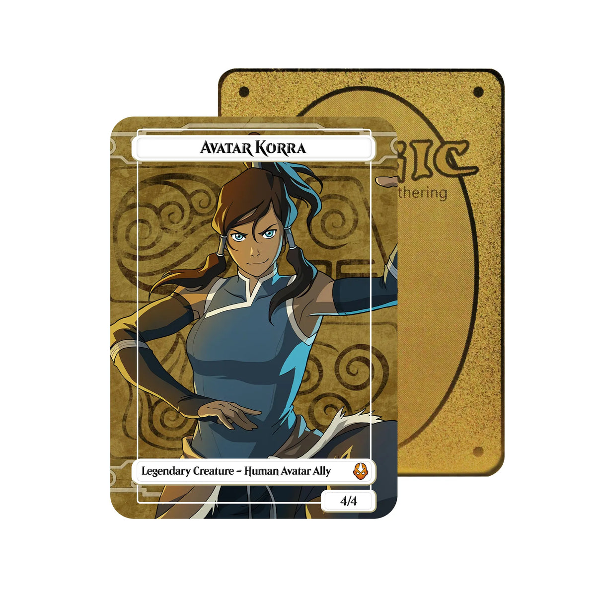 Level up your game with our custom-printed metal orica card, featuring exclusive Avatar Korra artwork in gold metal. Durable, scratch-resistant, and embossed with the iconic Magic: The Gathering card back, these slim orica cards fit perfectly in card sleeves. Korra-mtg-metal-card-embossed-design-custom-artwork-duel-accessories-ldb-duel