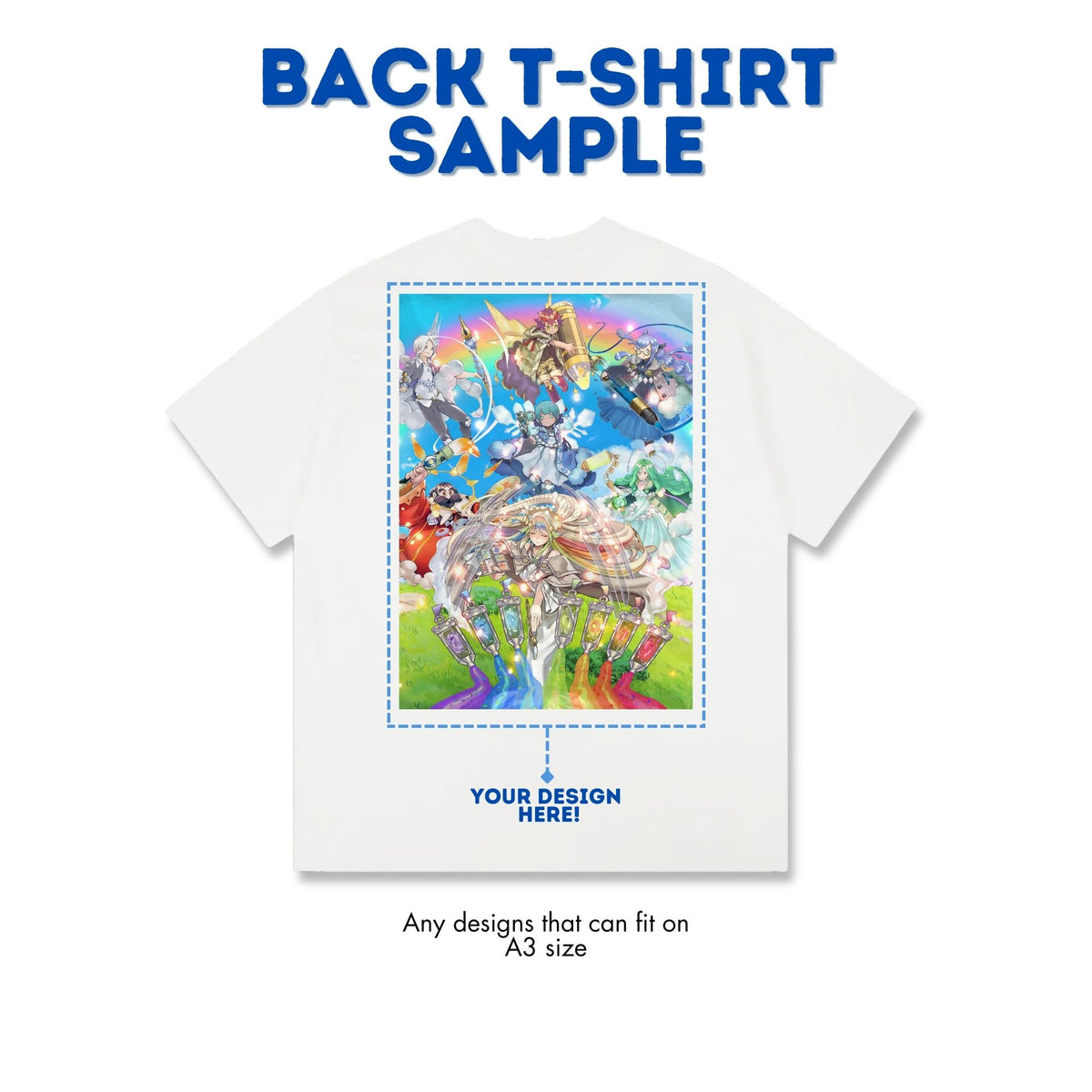 LDB Duel back T-shirt sample featuring a large A3-size print area, perfect for bold and detailed custom designs. Shown with a colorful artwork example, the design space covers most of the shirt’s back. Made from soft cotton and printed with durable DTF technology, ensuring vivid colors, long-lasting quality, and a stylish fit for casual or gaming wear.