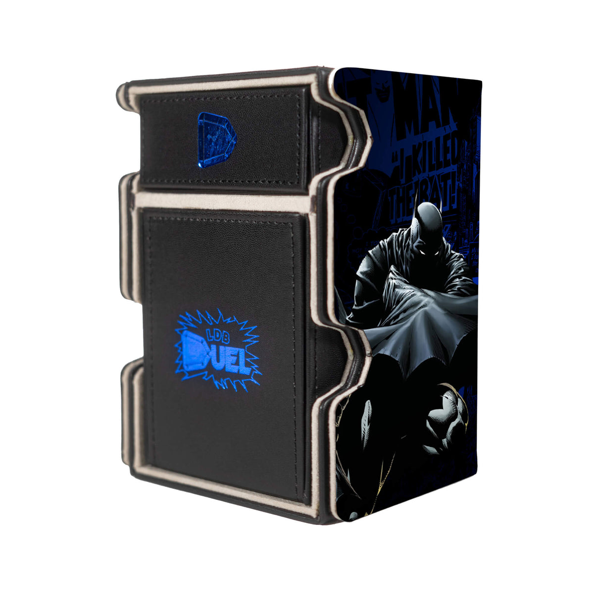 Here is the Right View of the Batman, The Gotham Guardian Mach 3 Black Deck Box. Batsuit-mtg-deck-tray-dice-tray-LDB-Duel