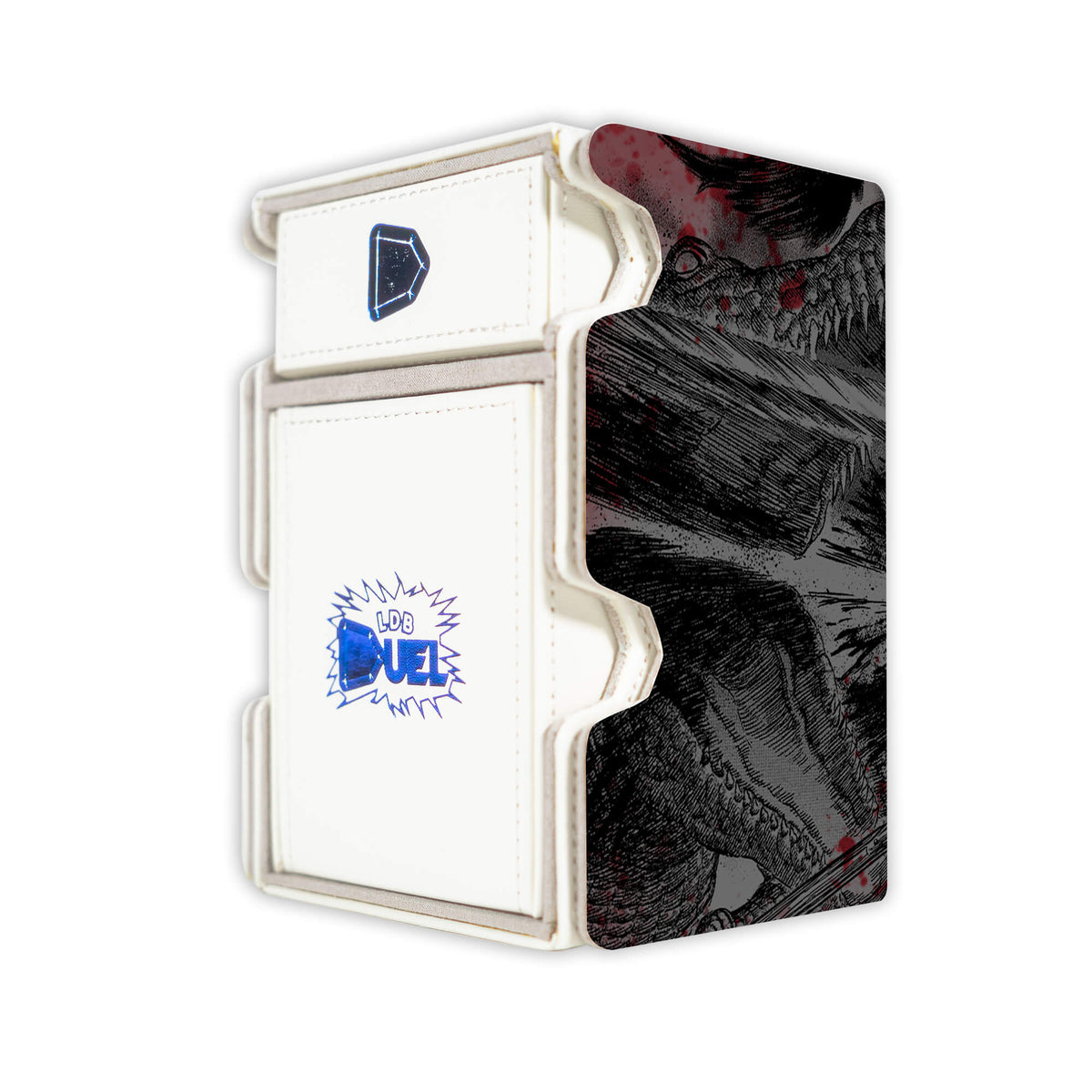Here is the Right View of the Berserk Mach 3 White Deck Box. Griffith-anime-deck-tray-dice-tray-LDB-Duel