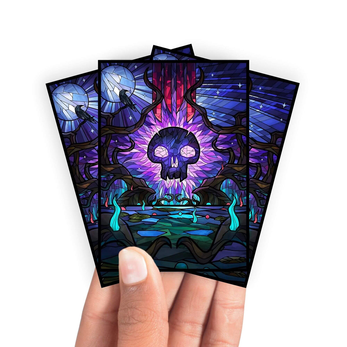 Enhance your cards with our elegant black border card sleeves, featuring a sleek, sophisticated design for a bold, modern aesthetic. From LDB Duel. Perfect for showcasing your collection, these sleeves are printed with our exclusive Black Mana design. Death-mtg-yugioh-pokemon-card-protection-standard-japanese-dragon-shield-LDB-Duel-black