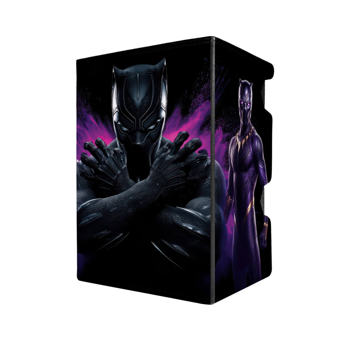 Here's another quality black deck box from LDB Duel featuring our exclusive Black Panther, Wakandan King art. Fits all types of trading card games, including Pokémon, Yu-Gi-Oh! and Magic The Gathering. The perfect card holder for the TCG player safely holds up to 100 double-sleeved cards. EVEN in extra thick sleeves. Comes with a pull-out dice tray. Wakanda-mtg-tcg-accessories-card-storage-LDB-Duel