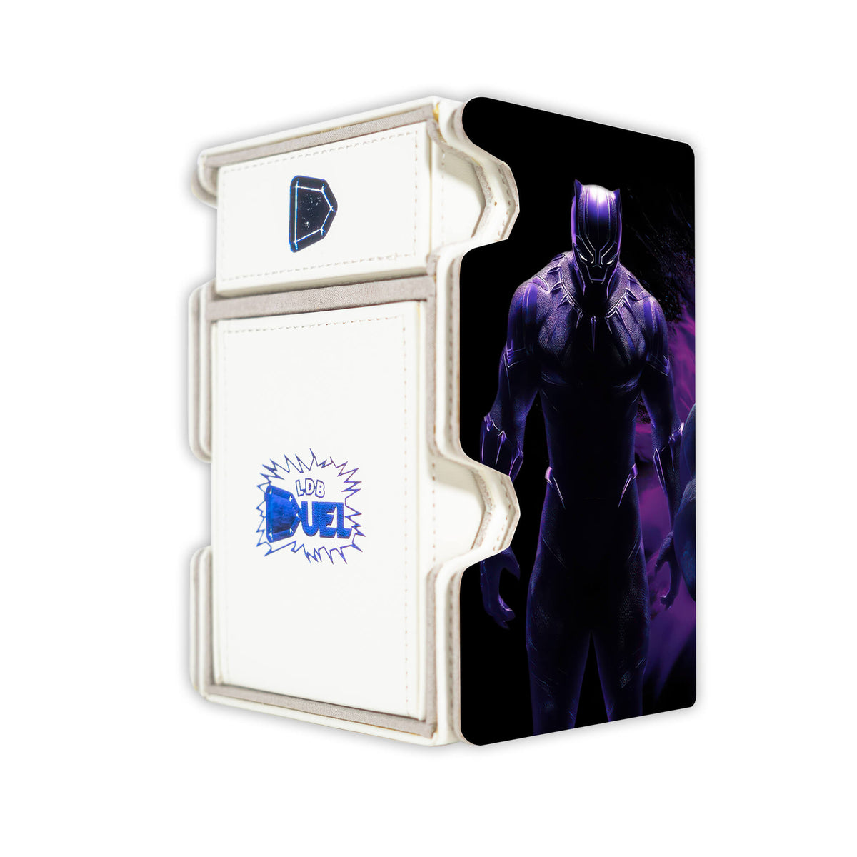 Here is the Right View of the Black Panther, Wakandan King Mach 3 White Deck Box. Vibranium-mtg-deck-tray-dice-tray-LDB-Duel