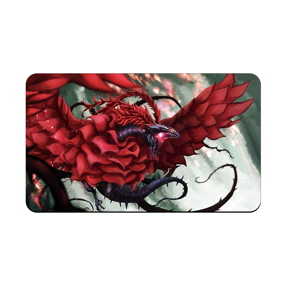 Transform your dueling experience with our exclusive art Black Rose Dragon playmat from LDB Duel! Featuring a soft cloth top for smooth card movement and a durable rubber back for a secure grip, this 24x14 inch mat is machine washable and safe for cards and sleeves. Akiza-yugioh-mtg-pokemon-custom-artwork-premium-durable-rubber-ldb-duel
