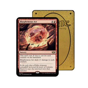 Level up your game with our custom-printed metal orica cards, featuring exclusive Blasphemous Act artwork in gold metal. Durable, scratch-resistant, and embossed with the iconic Yu-Gi-Oh! card back, these slim orica cards fit perfectly in card sleeves. Sorcery-mtg-yugioh-pokemon-metal-card-embossed-design-custom-artwork-duel-accessories-ldb-duel