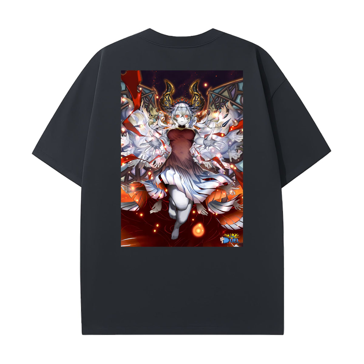 Level up your look with the premium Blazing Cartesia, the Virtuous T-shirt design from LDB Duel. Crafted from soft, breathable cotton and finished with vibrant DTF printing, this black t-shirt is designed for comfort that lasts. Featuring a bold back design, it’s perfect for anime fans, TCG players, and gamers who want to stand out, whether at events, tournaments, or just relaxing with friends.  Dogmatika-anime-ygo-magic-tshirt-gaming-accesories-LDB-Duel