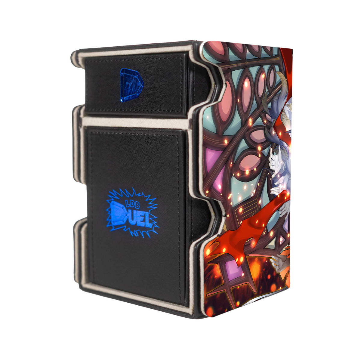 Here is the Right View of the Blazing Cartesia, the Virtuous Mach 3 Black Deck Box. Darkwing-Blast-yugioh-deck-tray-dice-tray-LDB-Duel