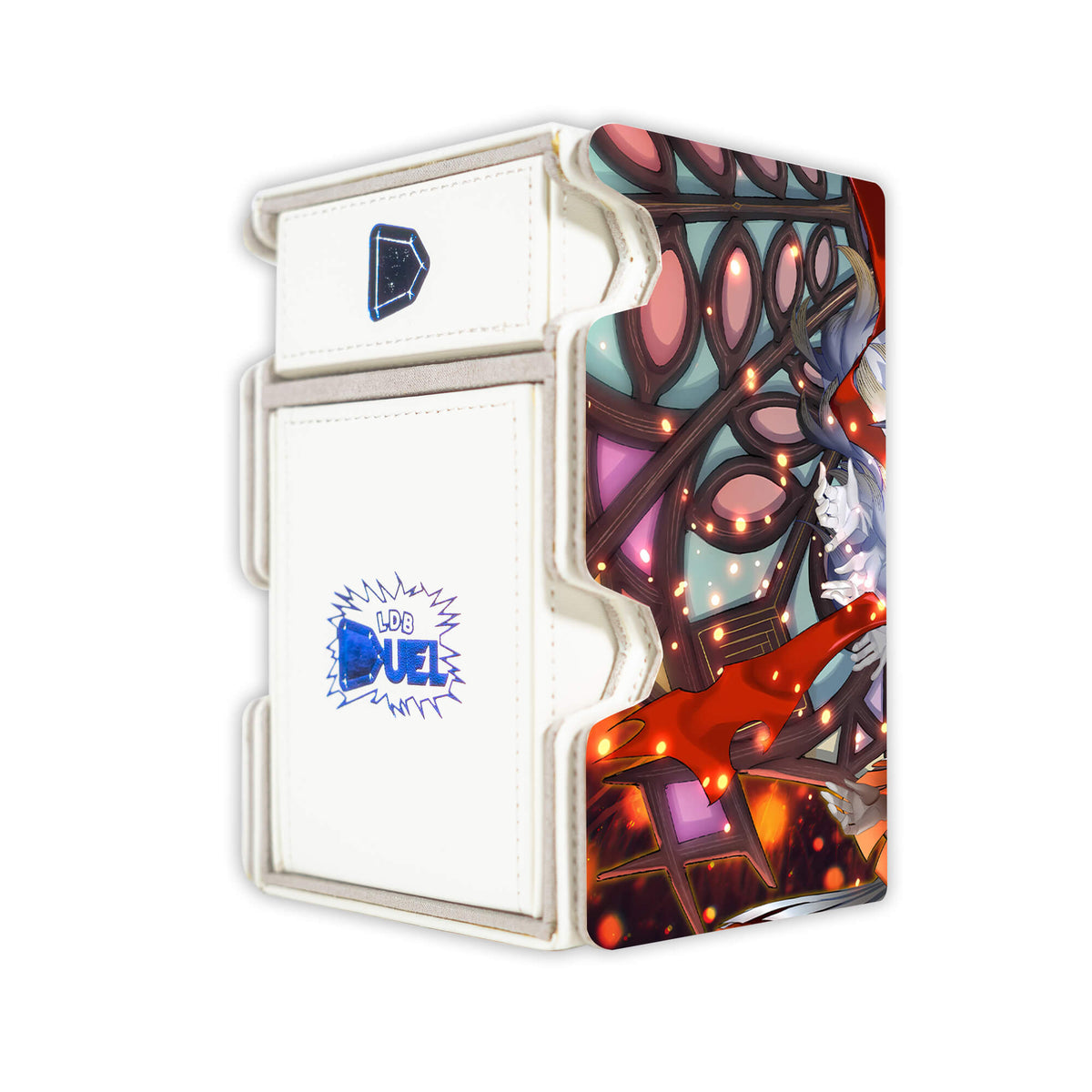 Here is the Right View of the Blazing Cartesia, the Virtuous Mach 3 White Deck Box. Red-Saint-yugioh-deck-tray-dice-tray-LDB-Duel