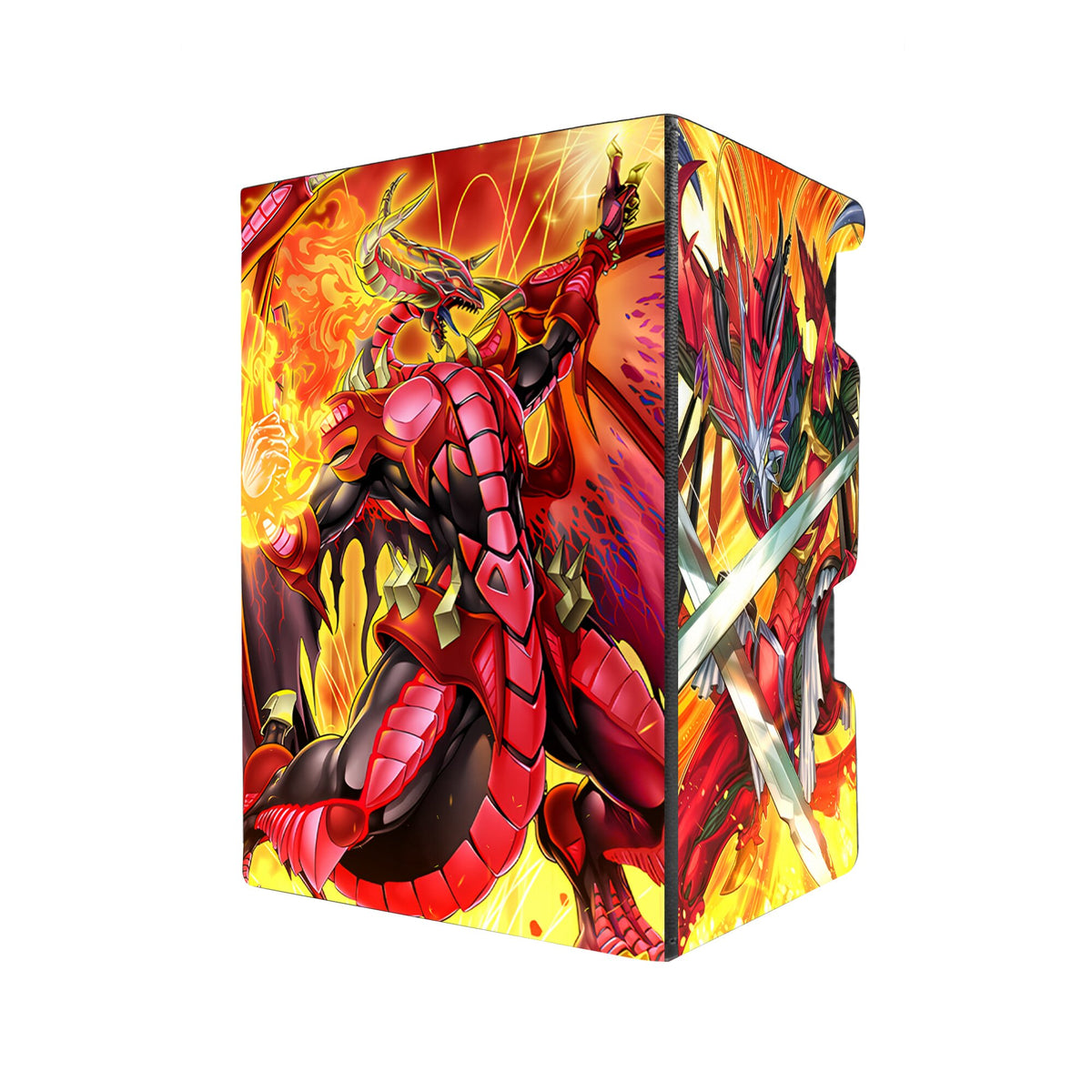 Here's another quality black deck box from LDB Duel featuring our exclusive Blazing Dominion art. Fits all types of trading card games, including Pokémon, Yu-Gi-Oh! and Magic The Gathering. The perfect card holder for the TCG player safely holds up to 100 double-sleeved cards. EVEN in extra thick sleeves. Comes with a pull-out dice tray. Jack-Atlas-yugioh-tcg-accessories-card-storage-LDB-Duel