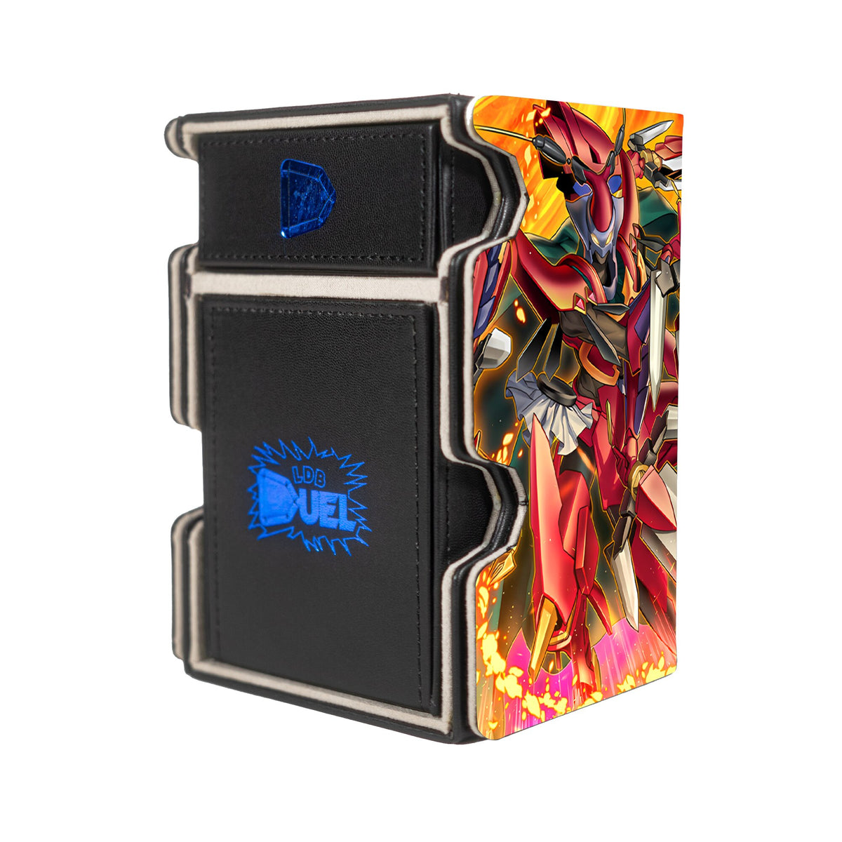 Here is the Right View of the Blazing Dominion Mach 3 Black Deck Box. Crimson-King-yugioh-deck-tray-dice-tray-LDB-Duel