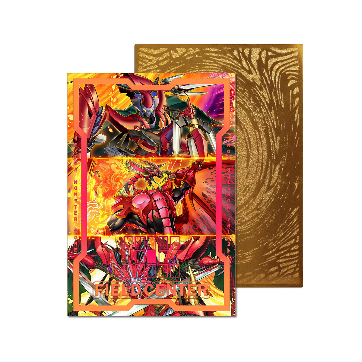 Level up your game with our custom-printed metal field centers, featuring exclusive Blazing Dominion artwork in gold metal. Durable, scratch-resistant, and embossed with the iconic Yu-Gi-Oh! card back, these slim field centers fit perfectly in card sleeves. Jack-Atlas-yugioh-mtg-pokemon-metal-card-embossed-design-custom-artwork-duel-accessories-ldb-duel