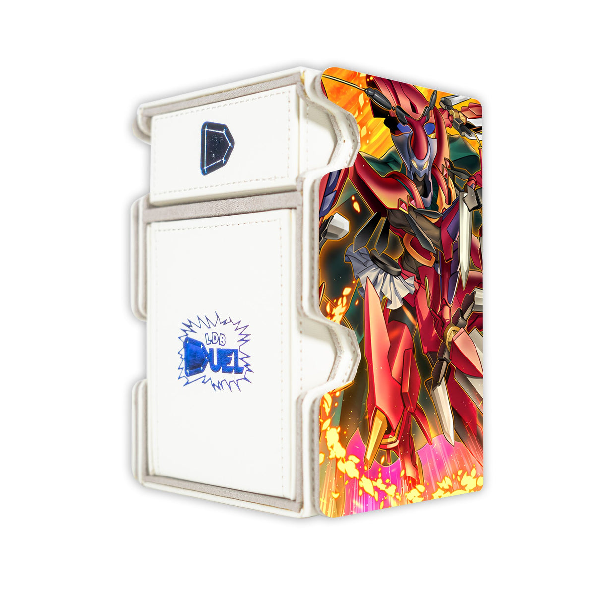Here is the Right View of the Blazing Dominion Mach 3 White Deck Box. Crimson-Blader-yugioh-deck-tray-dice-tray-LDB-Duel