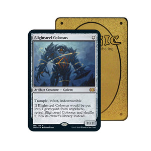 Level up your game with our custom-printed metal orica cards, featuring exclusive Blightsteel Colossus artwork in gold metal. Durable, scratch-resistant, and embossed with the iconic Yu-Gi-Oh! card back, these slim orica cards fit perfectly in card sleeves. Colossus-mtg-yugioh-pokemon-metal-card-embossed-design-custom-artwork-duel-accessories-ldb-duel