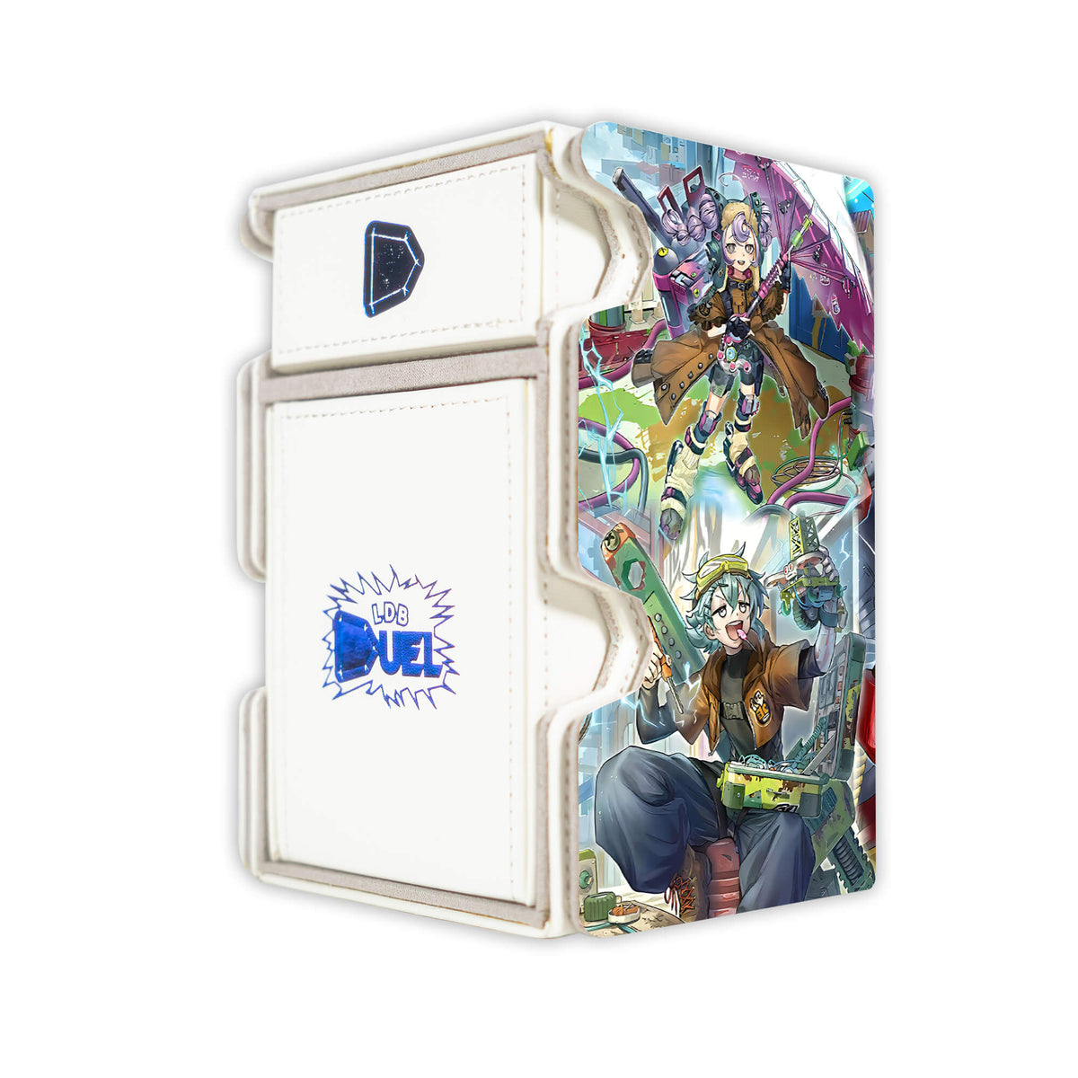 Here is the Right View of the Blitzclique Archetype Mach 3 White Deck Box. Crackle-yugioh-deck-tray-dice-tray-LDB-Duel