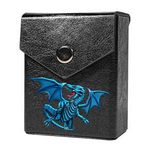 Enhance your TCG storage with the Blue Dragon Mach 2 Black deck box, available in options for 60 or 80 single-card sleeves. Sold by LDB Duel. Crafted from durable faux leather, it includes a built-in belt loop, a strong magnetic snap, and showcases our exclusive Blue Dragon design—ideal for TCG enthusiasts on the move! blue-eyes-dragon-yugioh-mtg-pokemon-tcg-accessories-card-storage-LDB-Duel-black