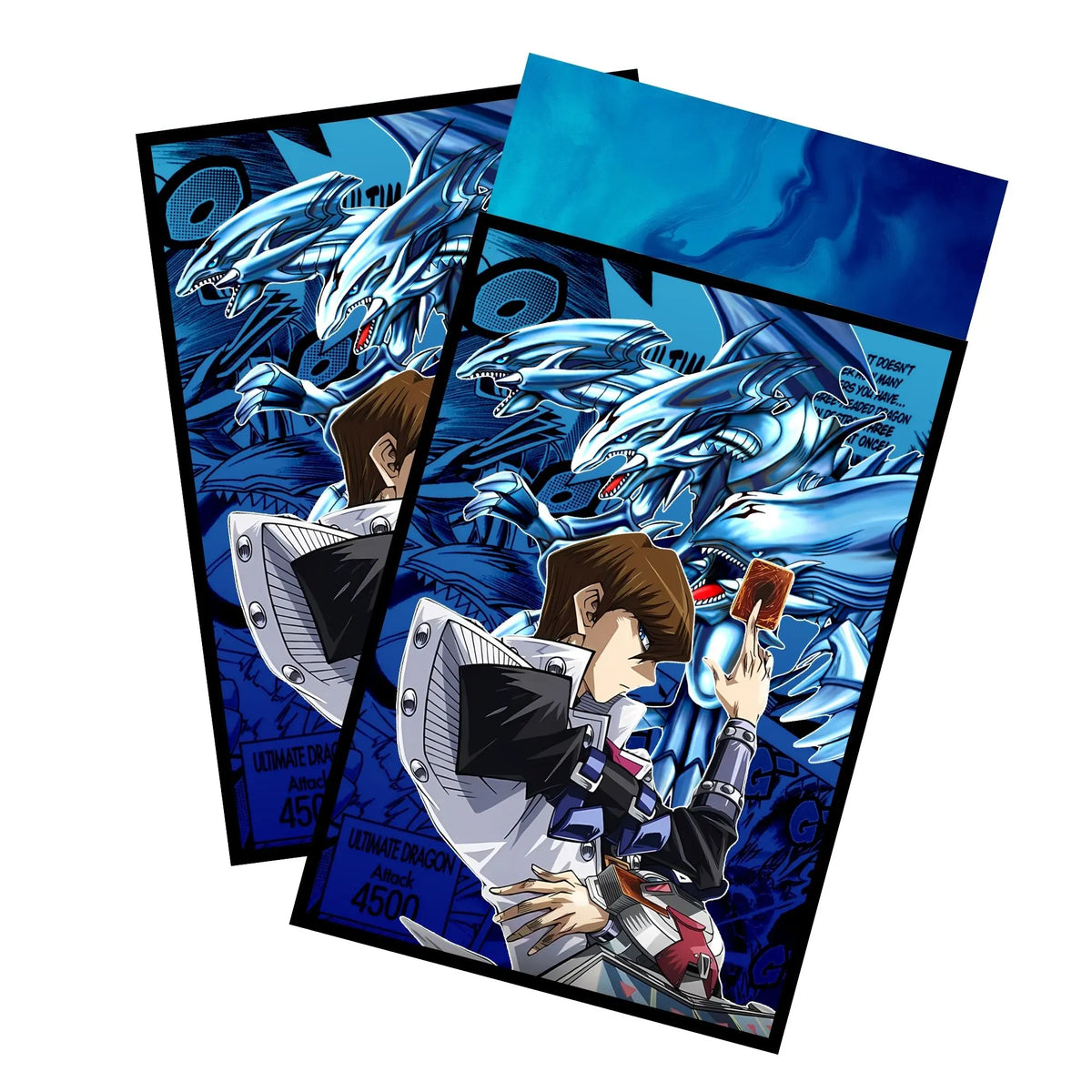 Enhance your cards with our elegant black border card sleeves, featuring a sleek, sophisticated design for a bold, modern aesthetic. From LDB Duel. Perfect for showcasing your collection, these sleeves are printed with our exclusive Blue-Eyes Dragon Kaiba design. Kaiba-yugioh-card-protection-standard-japanese-dragon-shield-LDB-Duel-black