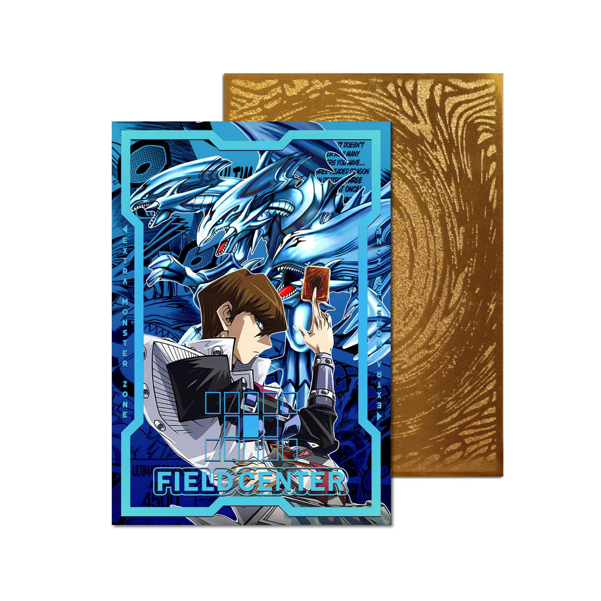 Level up your game with our custom-printed metal field centers, featuring exclusive Blue-Eyes Dragon Kaiba artwork in gold metal. Durable, scratch-resistant, and embossed with the iconic Yu-Gi-Oh! card back, these slim field centers fit perfectly in card sleeves. Kaiba-yugioh-metal-card-embossed-design-custom-artwork-duel-accessories-ldb-duel