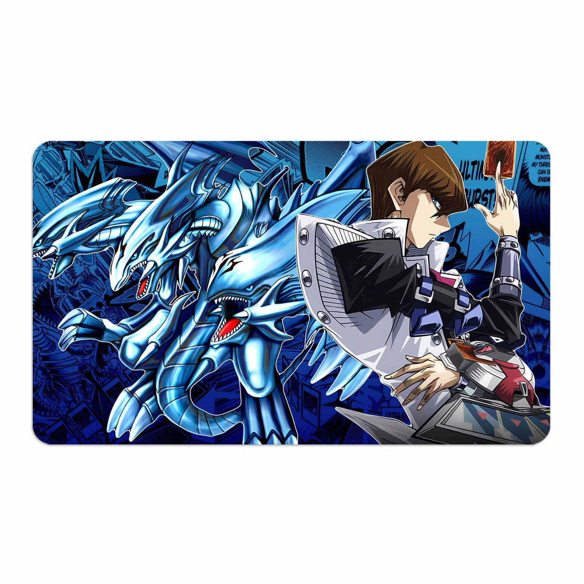 Transform your dueling experience with LDB Duel featuring our exclusive art Blue-Eyes Dragon Kaiba playmat! Featuring a soft cloth top for smooth card movement and a durable rubber back for a secure grip, this 24x14 inch mat is machine washable and safe for cards and sleeves. KaibaCorp-yugioh-custom-artwork-premium-durable-rubber-ldb-duel