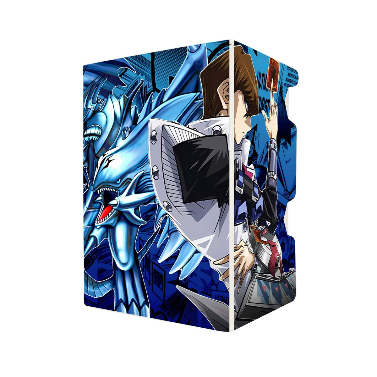 Here's another quality white deck box from LDB Duel featuring our exclusive Blue-Eyes Dragon Kaiba art. Fits all types of trading card games, including Pokémon, Yu-Gi-Oh! and Magic The Gathering. The perfect card holder for the TCG player safely holds up to 100 double-sleeved cards. EVEN in extra thick sleeves. Comes with a pull-out dice tray. Kaiba-yugioh-tcg-accessories-card-storage-LDB-Duel