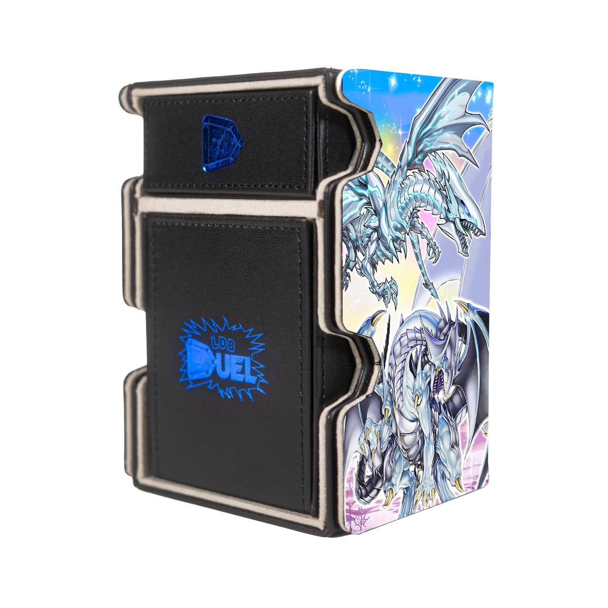 Here is the Right View of the Blue-Eyes Ultimate Spirit Dragon Mach 3 Black Deck Box. Blue-Eyes-Ultimate-Dragon-yugioh-deck-tray-dice-tray-LDB-Duel