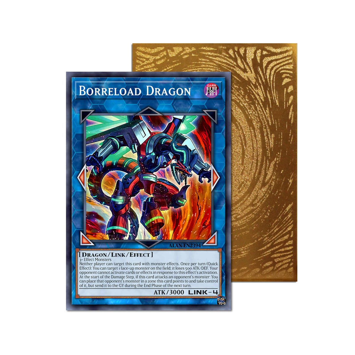 Level up your game with our custom-printed metal orica cards, featuring exclusive Borreload Dragon artwork in gold metal. Durable, scratch-resistant, and embossed with the iconic Yu-Gi-Oh! card back, these slim orica cards fit perfectly in card sleeves. Decode-Talker-yugioh-mtg-pokemon-metal-card-embossed-design-custom-artwork-duel-accessories-ldb-duel