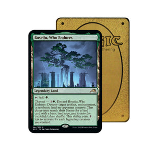 Level up your game with our custom-printed metal orica cards, featuring exclusive Boseiju, Who Endures artwork in gold metal. Durable, scratch-resistant, and embossed with the iconic Yu-Gi-Oh! card back, these slim orica cards fit perfectly in card sleeves. Wasteland-mtg-yugioh-pokemon-metal-card-embossed-design-custom-artwork-duel-accessories-ldb-duel