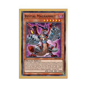 Level up your game with our custom-printed metal orica cards, featuring exclusive Bystial Magnamhut artwork in gold metal. Durable, scratch-resistant, and embossed with the iconic Yu-Gi-Oh! card back, these slim orica cards fit perfectly in card sleeves. Draconnection-yugioh-mtg-pokemon-metal-card-embossed-design-custom-artwork-duel-accessories-ldb-duel