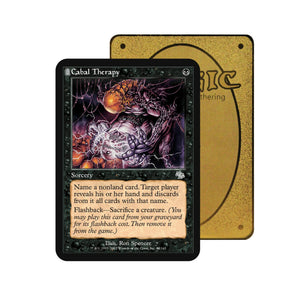 Level up your game with our custom-printed metal orica cards, featuring exclusive Cabal Therapy artwork in gold metal. Durable, scratch-resistant, and embossed with the iconic Yu-Gi-Oh! card back, these slim orica cards fit perfectly in card sleeves. Sorcery-mtg-yugioh-pokemon-metal-card-embossed-design-custom-artwork-duel-accessories-ldb-duel