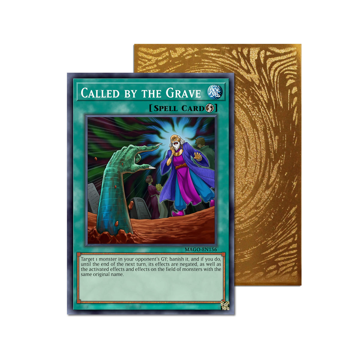 Level up your game with our custom-printed metal orica cards, featuring exclusive Called by the Grave artwork in gold metal. Durable, scratch-resistant, and embossed with the iconic Yu-Gi-Oh! card back, these slim orica cards fit perfectly in card sleeves. Spell-Calling-yugioh-mtg-pokemon-metal-card-embossed-design-custom-artwork-duel-accessories-ldb-duel