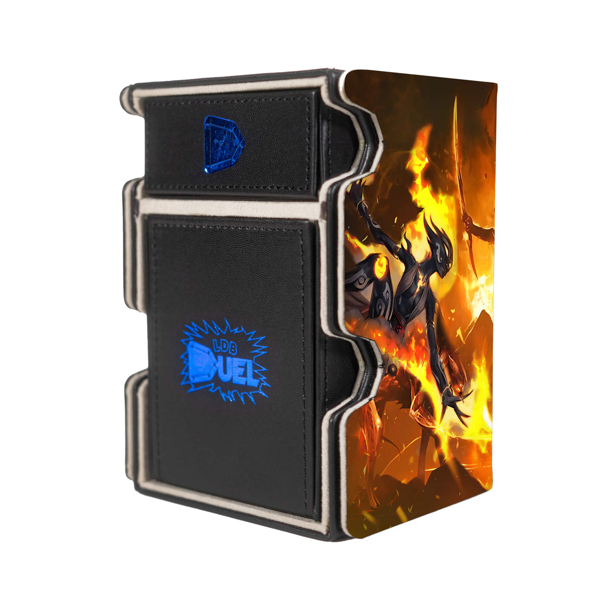 Here is the Right View of the Cavalier of Flame Mach 3 Black Deck Box. Mythic-Rare-mtg-deck-tray-dice-tray-LDB-Duel