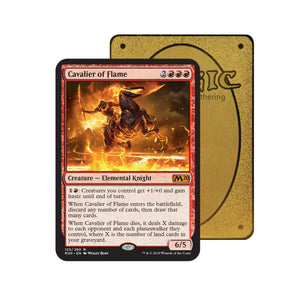 Level up your game with our custom-printed metal orica cards, featuring exclusive Cavalier of Flame artwork in gold metal. Durable, scratch-resistant, and embossed with the iconic Yu-Gi-Oh! card back, these slim orica cards fit perfectly in card sleeves. Devotion-mtg-yugioh-pokemon-metal-card-embossed-design-custom-artwork-duel-accessories-ldb-duel