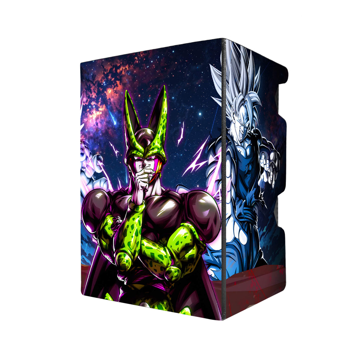 Here's another quality black deck box from LDB Duel featuring our exclusive Cell | Dragon Ball art. Fits all types of trading card games, including Pokémon, Yu-Gi-Oh! and Magic The Gathering. The perfect card holder for the TCG player safely holds up to 100 double-sleeved cards. EVEN in extra thick sleeves. Comes with a pull-out dice tray. Present-Cell-dragonball-tcg-accessories-card-storage-LDB-Duel