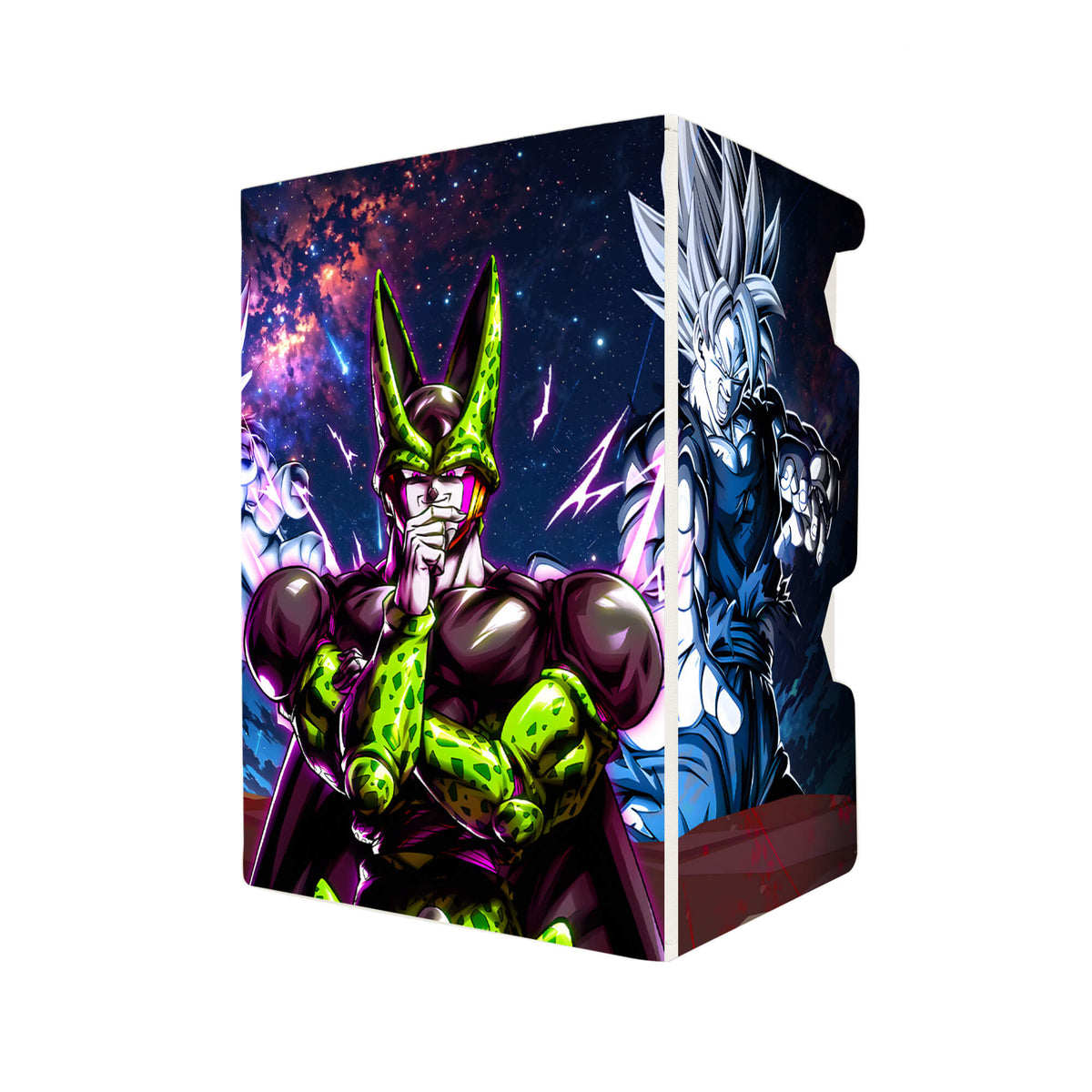Here's another quality white deck box from LDB Duel featuring our exclusive Cell | Dragon Ball art. Fits all types of trading card games, including Pokémon, Yu-Gi-Oh! and Magic The Gathering. The perfect card holder for the TCG player safely holds up to 100 double-sleeved cards. EVEN in extra thick sleeves. Comes with a pull-out dice tray. Future-Cell-dbz-ygo-magic-digimon-card-protector-gaming-accesories-LDB-Duel