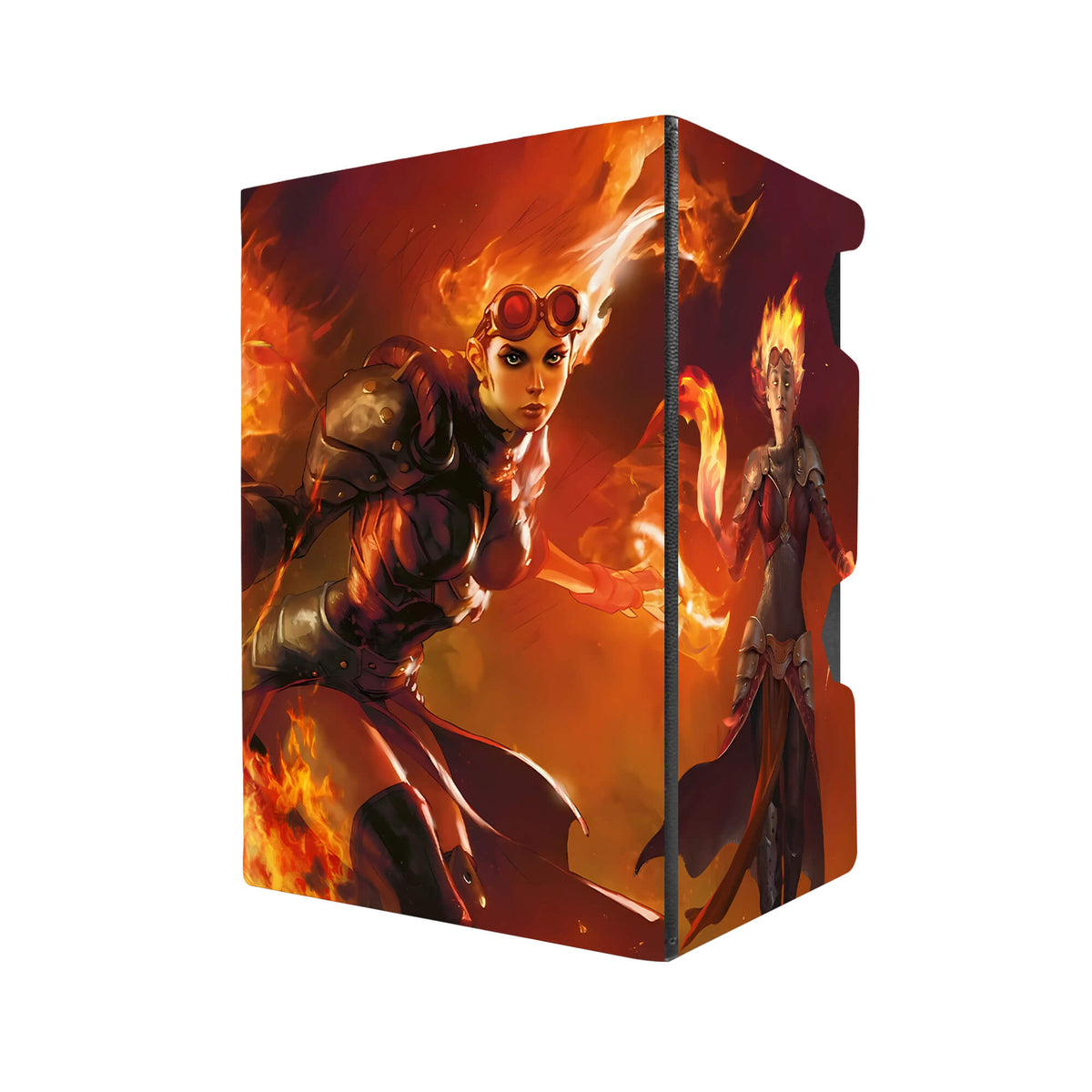 Here's another quality black deck box from LDB Duel featuring our exclusive Chandra - Legendary Planeswalker art. Fits all types of trading card games, including Pokémon, Yu-Gi-Oh! and Magic The Gathering. The perfect card holder for the TCG player safely holds up to 100 double-sleeved cards. EVEN in extra thick sleeves. Comes with a pull-out dice tray. Ablaze-mtg-tcg-accessories-card-storage-LDB-Duel