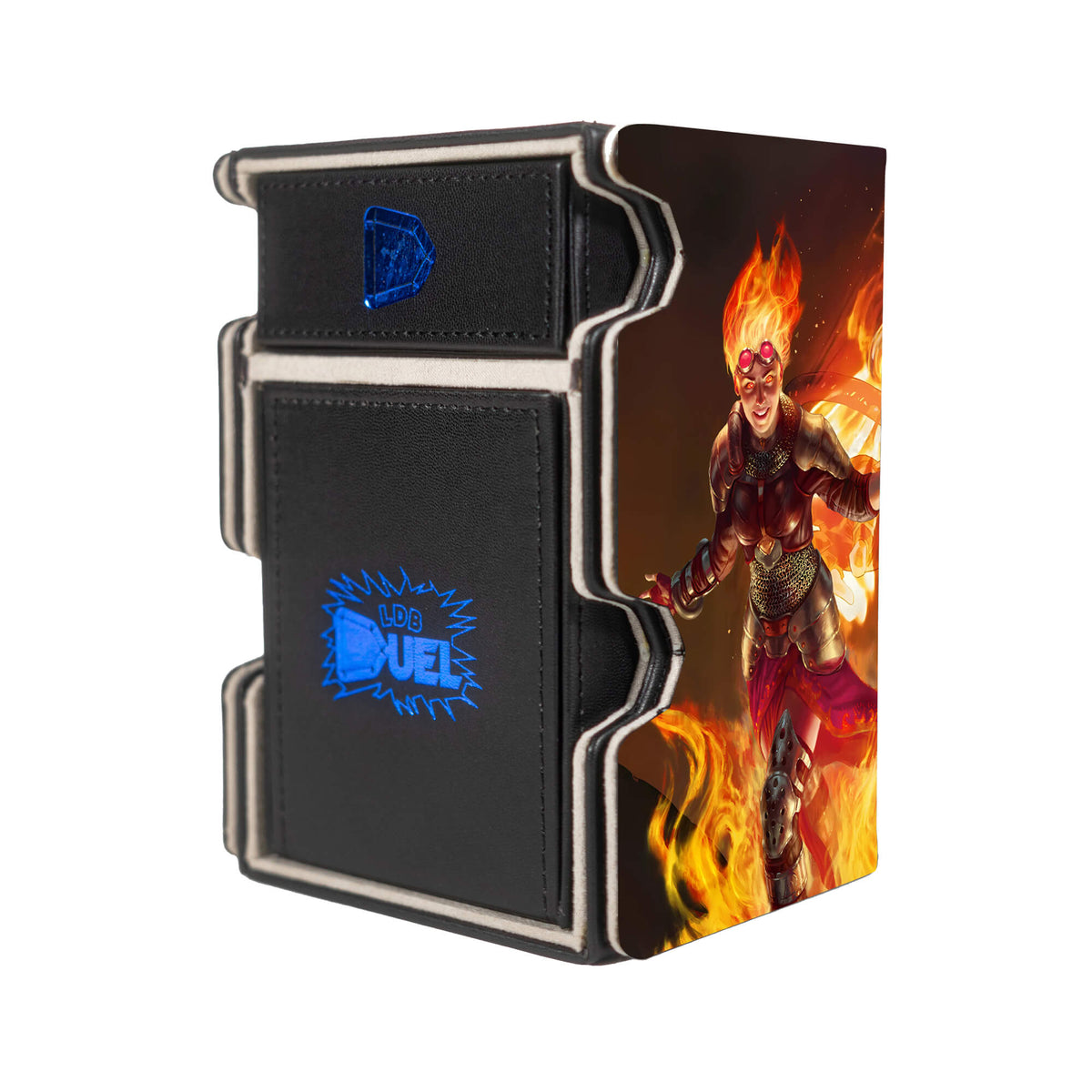Here is the Right View of the Chandra - Legendary Planeswalker Mach 3 Black Deck Box. Flamecaller-mtg-deck-tray-dice-tray-LDB-Duel