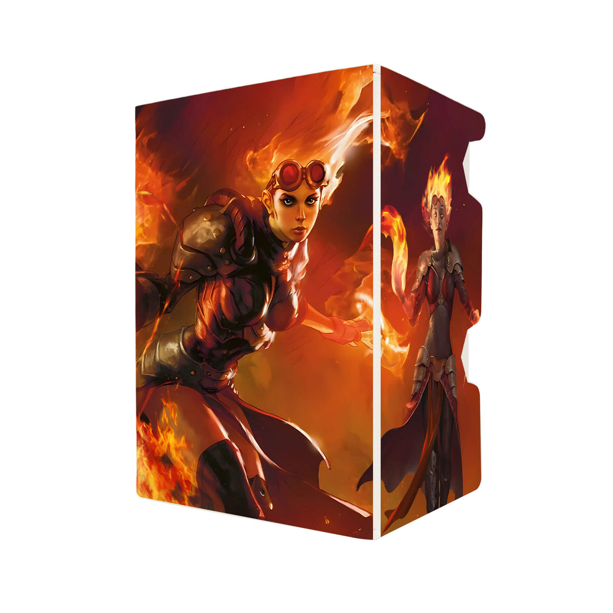 Here's another quality white deck box from LDB Duel featuring our exclusive Chandra - Legendary Planeswalker art. Fits all types of trading card games, including Pokémon, Yu-Gi-Oh! and Magic The Gathering. The perfect card holder for the TCG player safely holds up to 100 double-sleeved cards. EVEN in extra thick sleeves. Comes with a pull-out dice tray. Pyrogenius-ygo-magic-digimon-card_protector-gaming-accesories-LDB-Duel