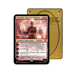 Level up your game with our custom-printed metal orica cards, featuring exclusive Chandra, Torch of Defiance artwork in gold metal. Durable, scratch-resistant, and embossed with the iconic Yu-Gi-Oh! card back, these slim orica cards fit perfectly in card sleeves. Planeswalker-mtg-yugioh-pokemon-metal-card-embossed-design-custom-artwork-duel-accessories-ldb-duel
