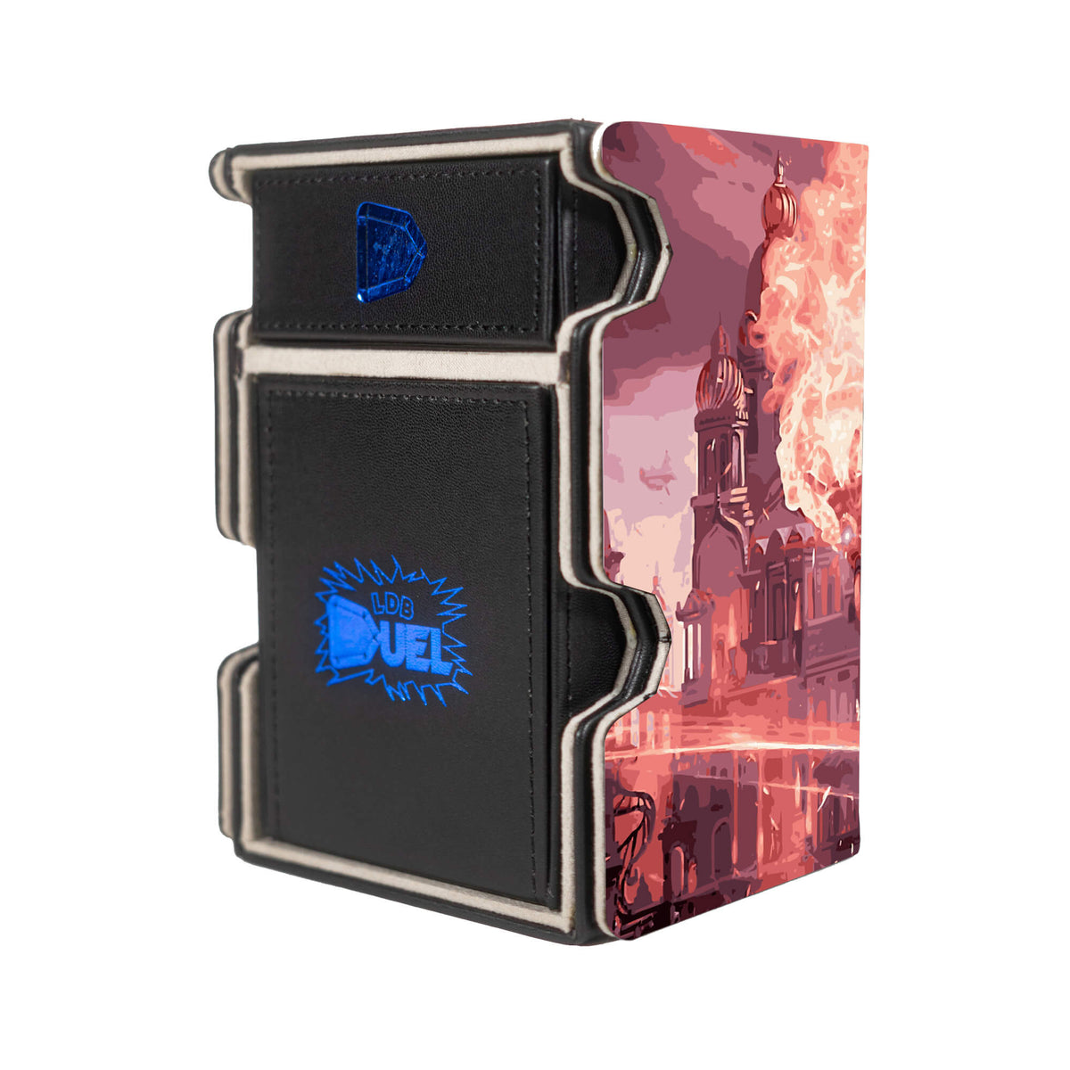 Here is the Right View of the Chandra, Torch of Defiance Mach 3 Black Deck Box. Mythic-Rare-mtg-deck-tray-dice-tray-LDB-Duel