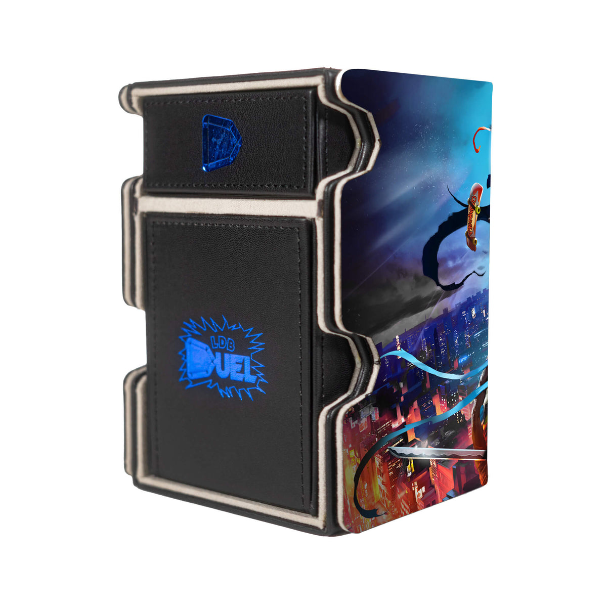 Here is the Right View of the Clash of the Steel Blades Mach 3 Black Deck Box. Donatello-mtg-deck-tray-dice-tray-LDB-Duel