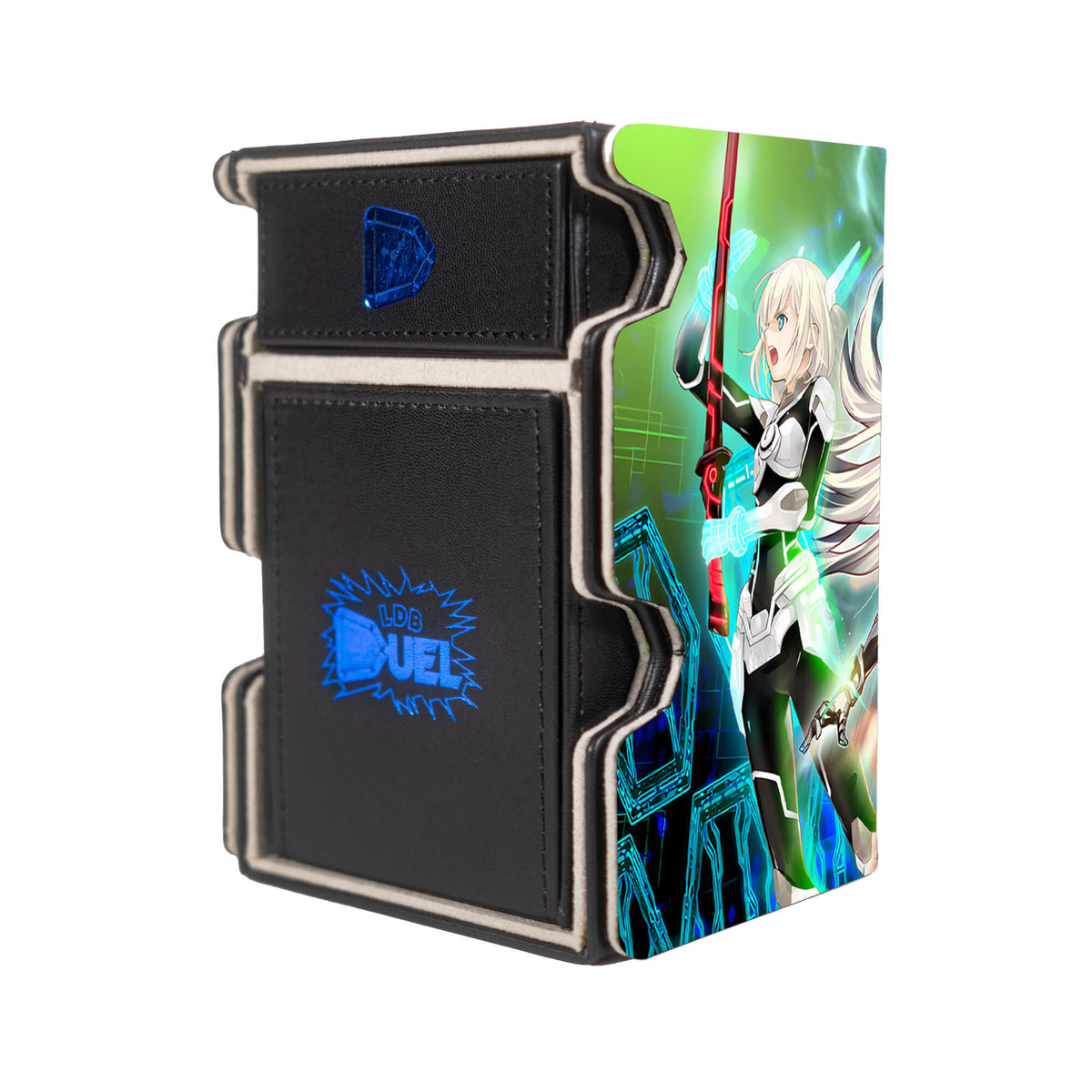 Here is the Right View of the Combined Maneuver - Engage Zero! Mach 3 Black Deck Box. Camellia-yugioh-deck-tray-dice-tray-LDB-Duel