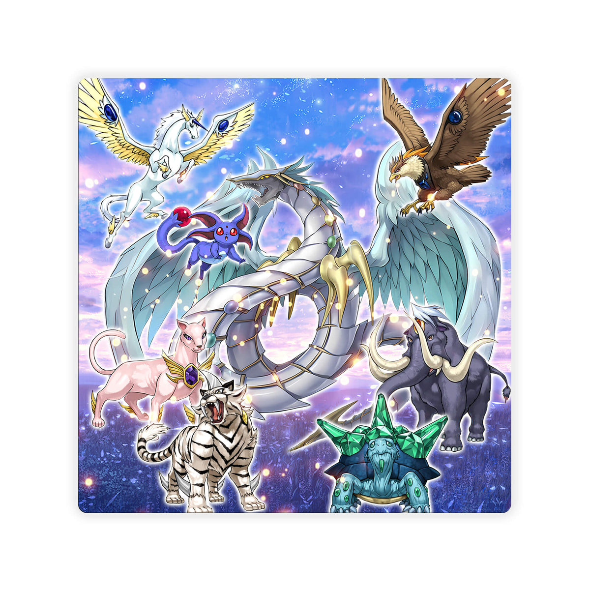 Upgrade your dueling game with LDB Duel featuring our exclusive Crystal Beasts double mat! Designed with a premium cloth surface for effortless card handling and a sturdy rubber base for maximum stability, this 24x24 inch mat offers both style and practicality. It's card and sleeve-friendly, plus machine washable for easy upkeep! Breakerbuncle-yugioh-mtg-pokemon-custom-artwork-premium-durable-rubber-ldb-duel