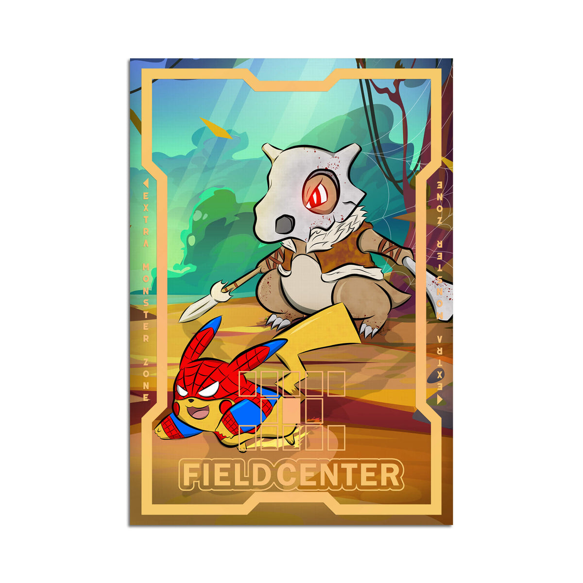 Level up your game with our custom-printed metal field centers from LDB Duel, featuring exclusive Cubone's Last Hunt artwork in gold metal. Durable, scratch-resistant, and embossed with the iconic Yu-Gi-Oh! card back, these slim field centers fit perfectly in card sleeves. Bone-Keeper-pokemon-mtg-yugioh-metal-card-embossed-design-custom-artwork-duel-accessories-ldb-duel