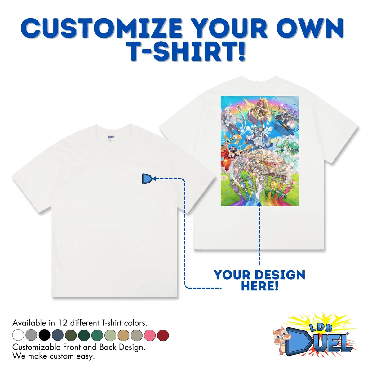 High-quality LDB Duel customizable t-shirt with exclusive artwork inspired by trading card games and anime, including Yu-Gi-Oh, Pokémon, and Magic: The Gathering. Offered in sizes Small to 5XL and 12 different color options, it’s the perfect apparel for tournaments, gaming sessions, or everyday wear.