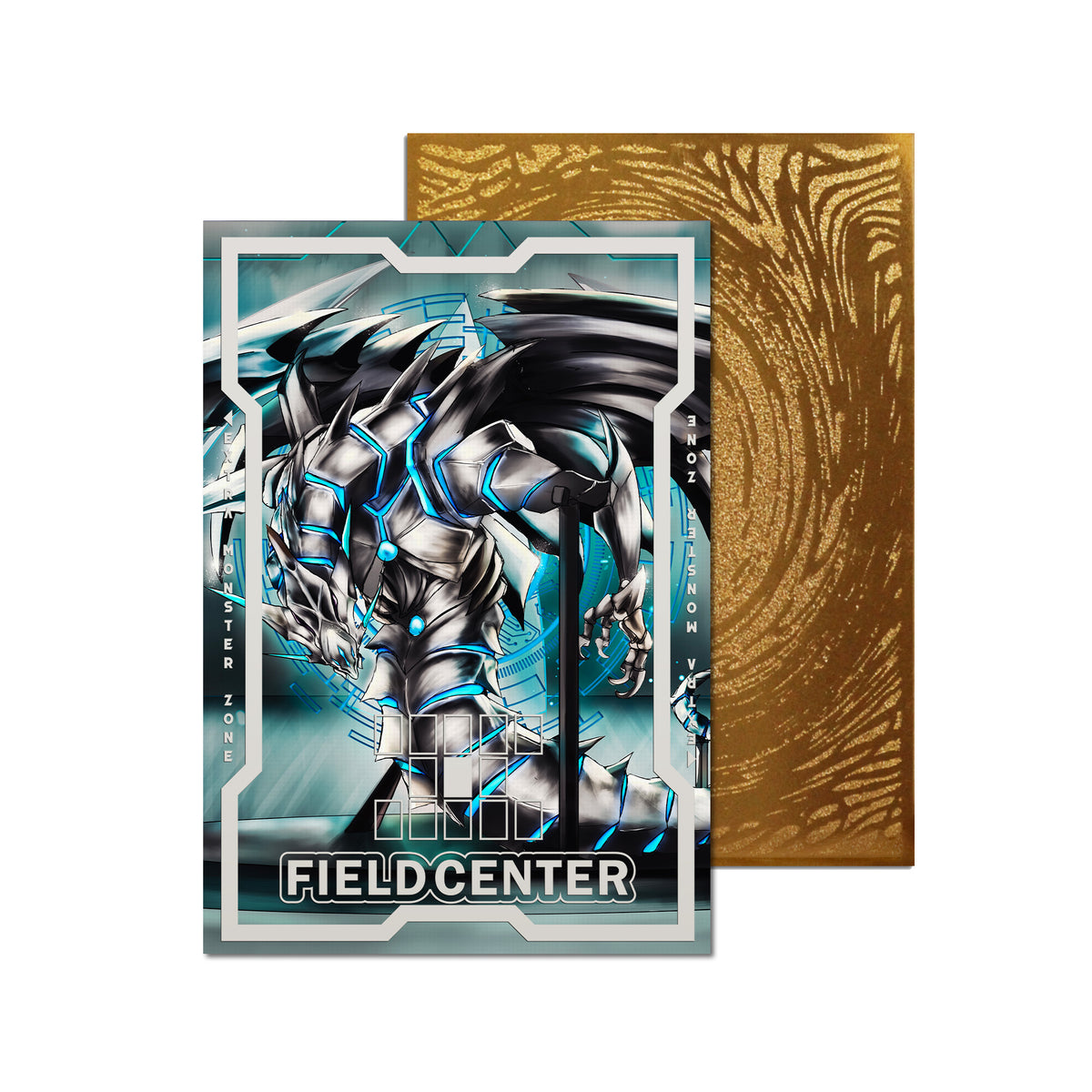 Level up your game with our custom-printed metal field centers from LDB Duel, featuring exclusive Cyber Kaiju artwork in gold metal. Durable, scratch-resistant, and embossed with the iconic Yu-Gi-Oh! card back, these slim field centers fit perfectly in card sleeves. cyber-dragon-yugioh-mtg-pokemon-metal-card-embossed-design-custom-artwork-duel-accessories-ldb-duel