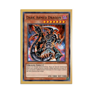 Level up your game with our custom-printed metal orica cards, featuring exclusive Dark Armed Dragon artwork in gold metal. Durable, scratch-resistant, and embossed with the iconic Yu-Gi-Oh! card back, these slim orica cards fit perfectly in card sleeves. Armed-Dragon-yugioh-mtg-pokemon-metal-card-embossed-design-custom-artwork-duel-accessories-ldb-duel