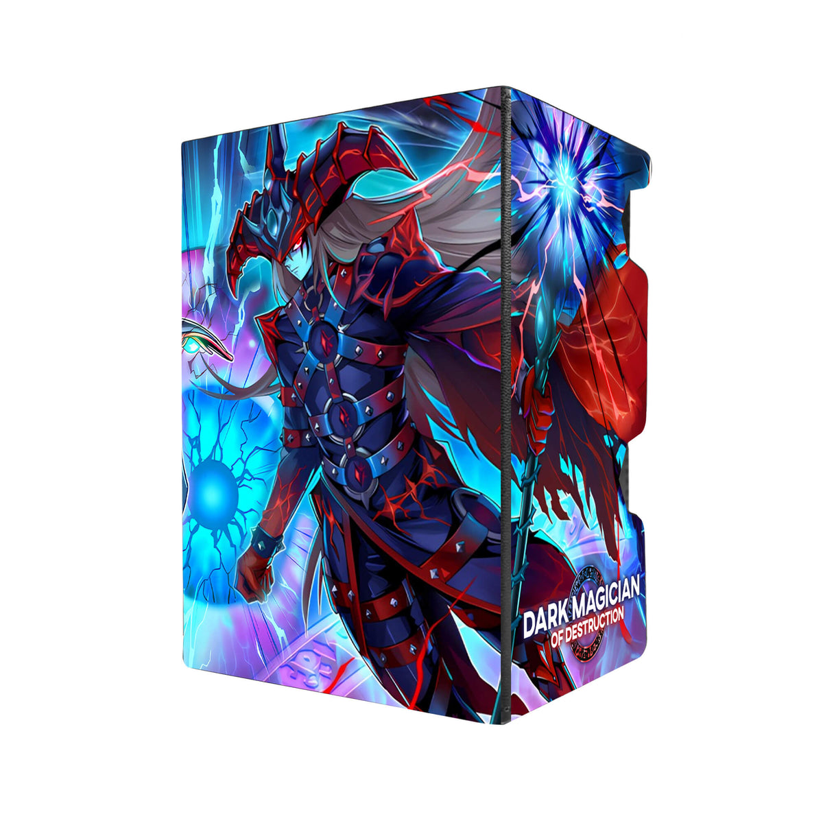 Here's another quality black deck box from LDB Duel featuring our exclusive Dark Magician of Destruction art. Fits all types of trading card games, including Pokémon, Yu-Gi-Oh! and Magic The Gathering. The perfect card holder for the TCG player safely holds up to 100 double-sleeved cards. EVEN in extra thick sleeves. Comes with a pull-out dice tray. Dark-Magician-yugioh-tcg-accessories-card-storage-LDB-Duel