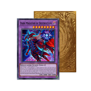 Level up your game with our custom-printed metal orica cards, featuring exclusive Dark Magician of Destruction artwork in gold metal. Durable, scratch-resistant, and embossed with the iconic Yu-Gi-Oh! card back, these slim orica cards fit perfectly in card sleeves. Dark-Magic-Ritual-yugioh-mtg-pokemon-metal-card-embossed-design-custom-artwork-duel-accessories-ldb-duel