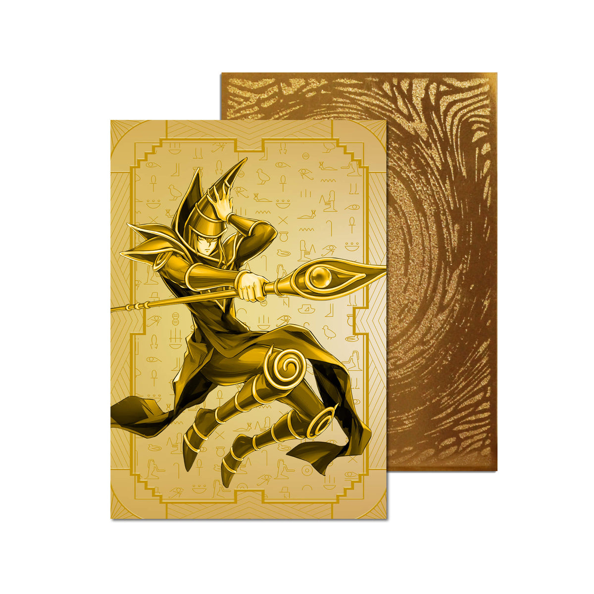 Level up your game with our custom-printed metal orica cards, featuring exclusive Dark Magician artwork in gold metal. Durable, scratch-resistant, and embossed with the iconic Yu-Gi-Oh! card back, these slim orica cards fit perfectly in card sleeves. Yugi-Muto-yugioh-mtg-pokemon-metal-card-embossed-design-custom-artwork-duel-accessories-ldb-duel
