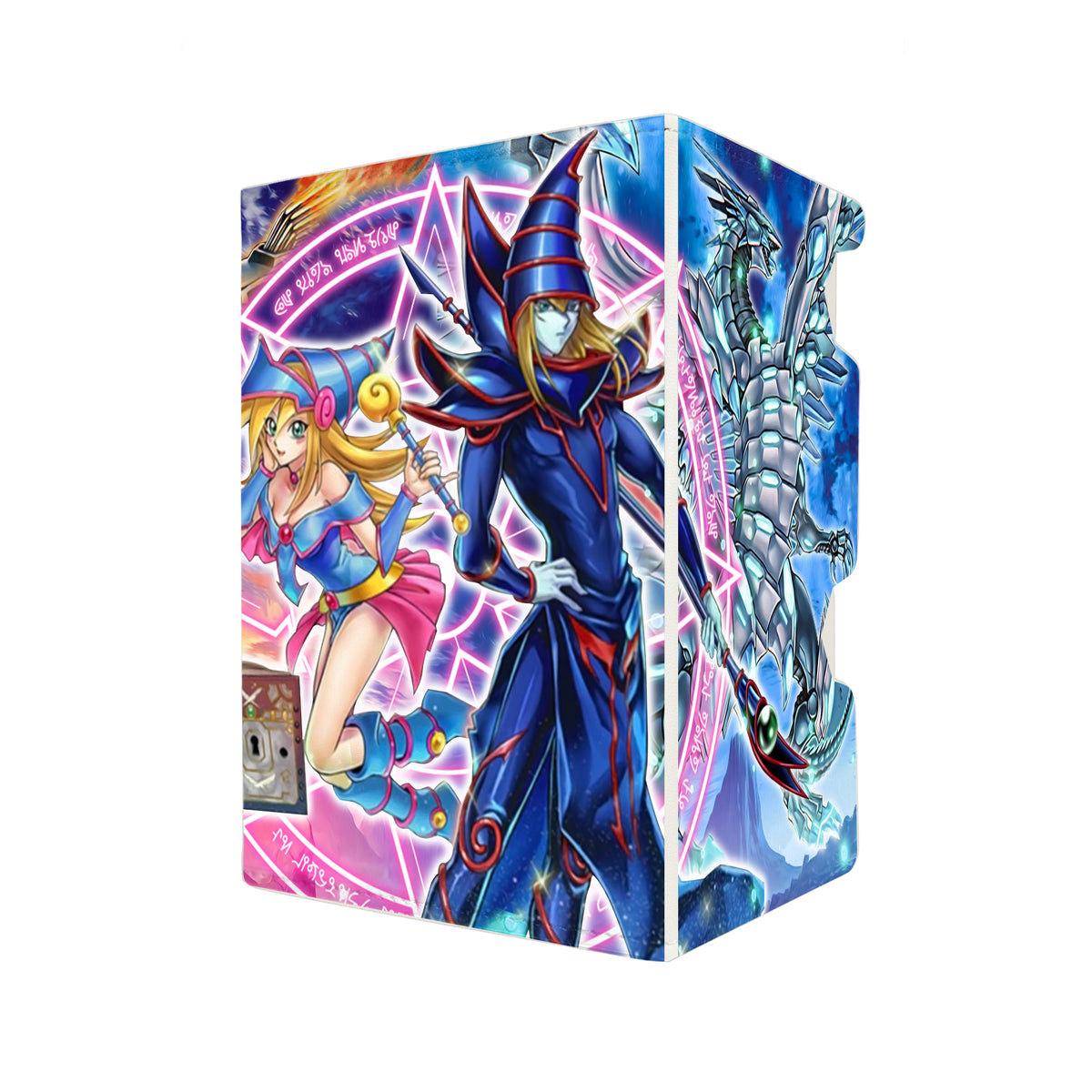Here's another quality white deck box from LDB Duel featuring our exclusive Dark Magicians art. Fits all types of trading card games, including Pokémon, Yu-Gi-Oh! and Magic The Gathering. The perfect card holder for the TCG player safely holds up to 100 double-sleeved cards. EVEN in extra thick sleeves. Comes with a pull-out dice tray. Yami-Yugi-ygo-magic-digimon-card_protector-gaming-accesories-LDB-Duel